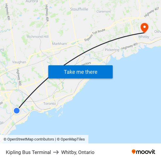 Kipling Bus Terminal to Whitby, Ontario map