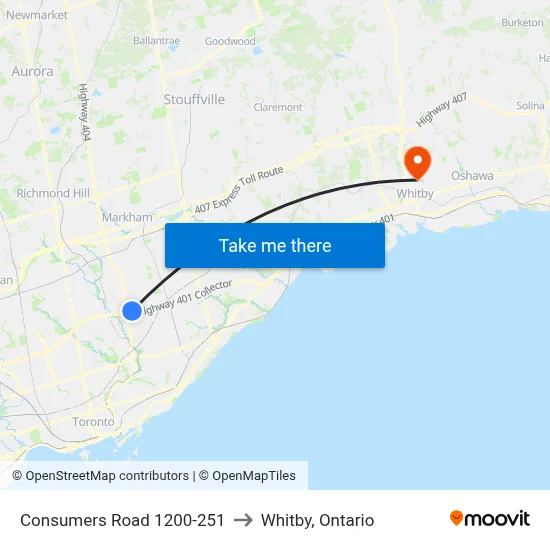 Consumers Road 1200-251 to Whitby, Ontario map