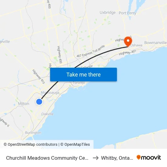 Churchill Meadows Community Centre to Whitby, Ontario map