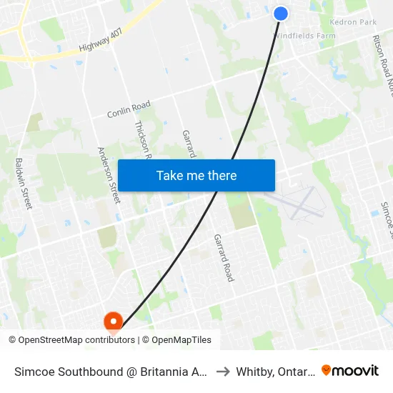 Simcoe Southbound @ Britannia Ave. to Whitby, Ontario map