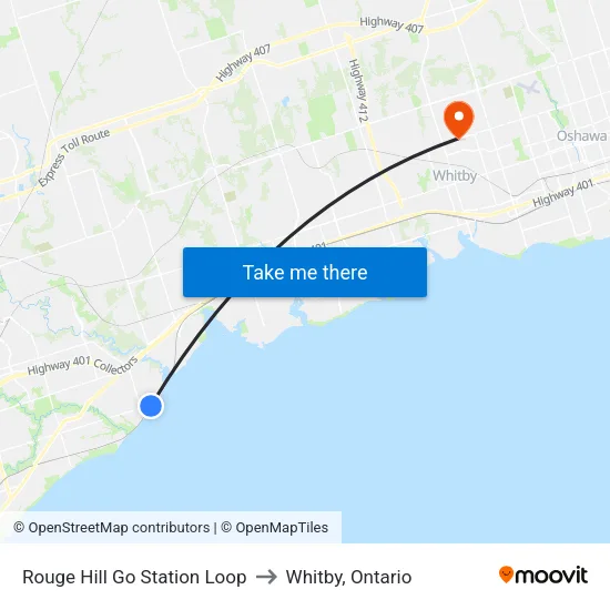 Rouge Hill Go Station Loop to Whitby, Ontario map