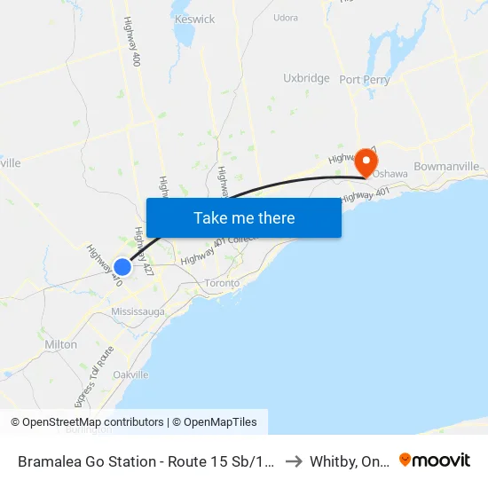 Bramalea Go Station - Route 15 Sb/115 Sb Stop to Whitby, Ontario map