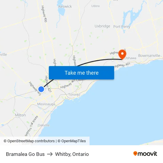 Bramalea Go Bus to Whitby, Ontario map