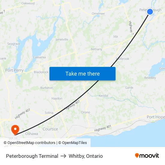 Peterborough Terminal to Whitby, Ontario map