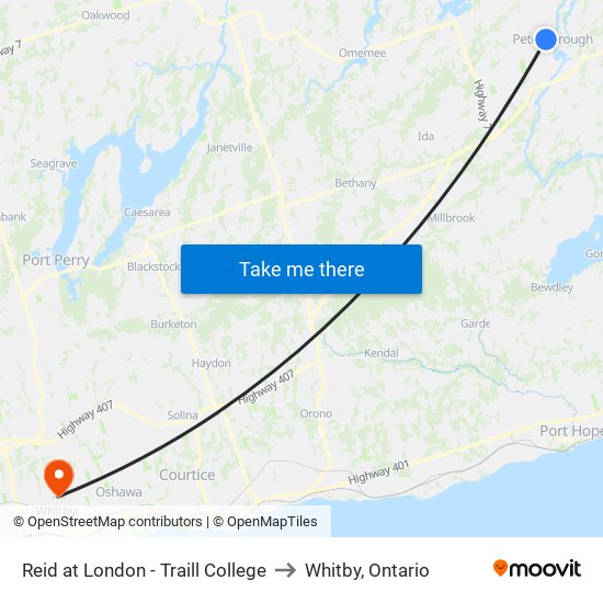 Reid at London - Traill College to Whitby, Ontario map