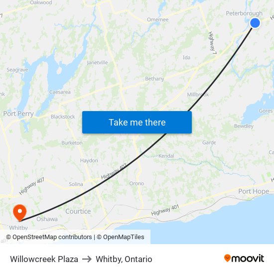 Willowcreek Plaza to Whitby, Ontario map