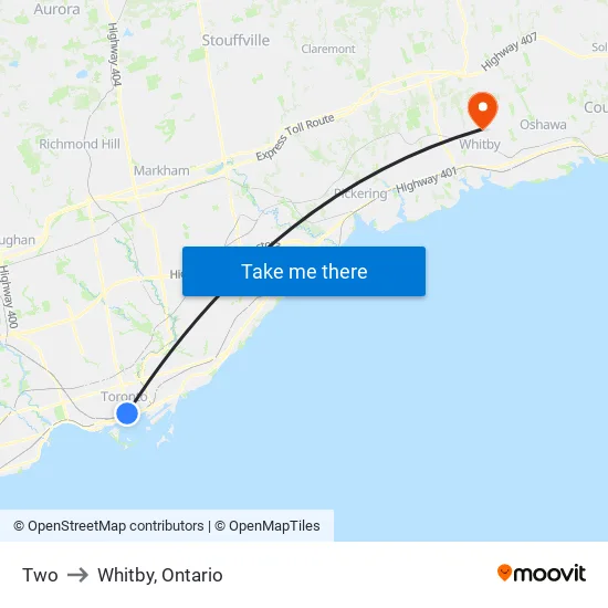 Toronto to Whitby, Ontario map