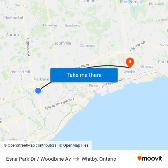 Esna Park Dr / Woodbine Av to Whitby, Ontario map