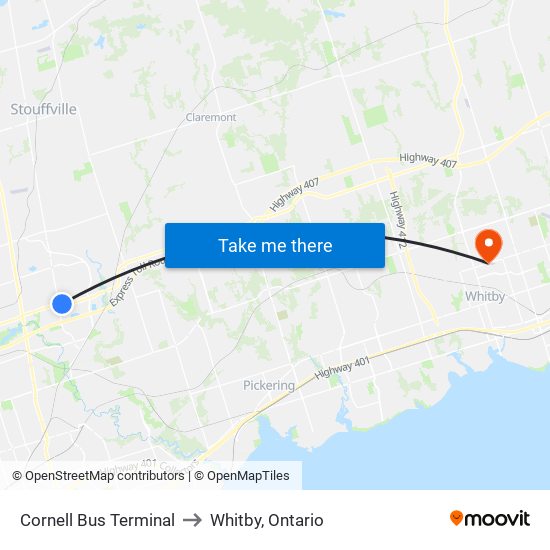 Cornell Bus Terminal to Whitby, Ontario map