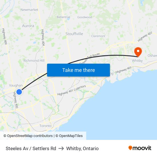 Steeles Av / Settlers Rd to Whitby, Ontario map