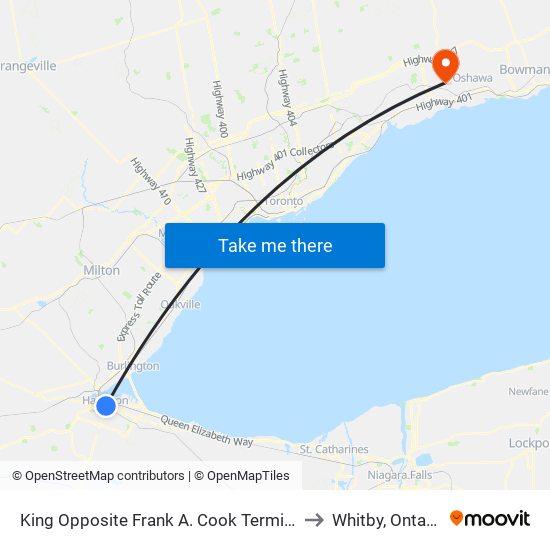 King Opposite Frank A. Cook Terminal to Whitby, Ontario map