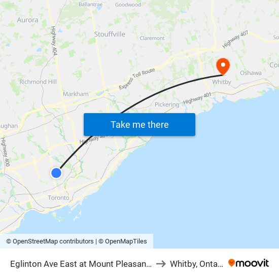 Eglinton Ave East at Mount Pleasant Rd to Whitby, Ontario map