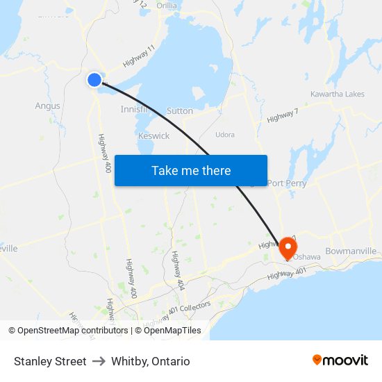 Stanley Street to Whitby, Ontario map