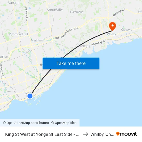 King St West at Yonge St East Side - King Station to Whitby, Ontario map