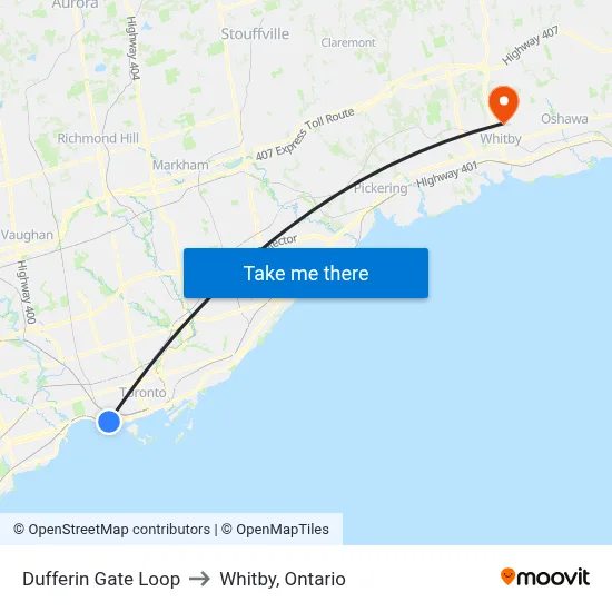 Dufferin Gate Loop to Whitby, Ontario map