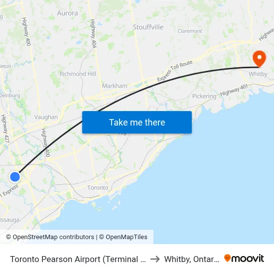 Toronto Pearson Airport (Terminal 1) to Whitby, Ontario map
