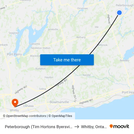Peterborough (Tim Hortons Byersville) to Whitby, Ontario map