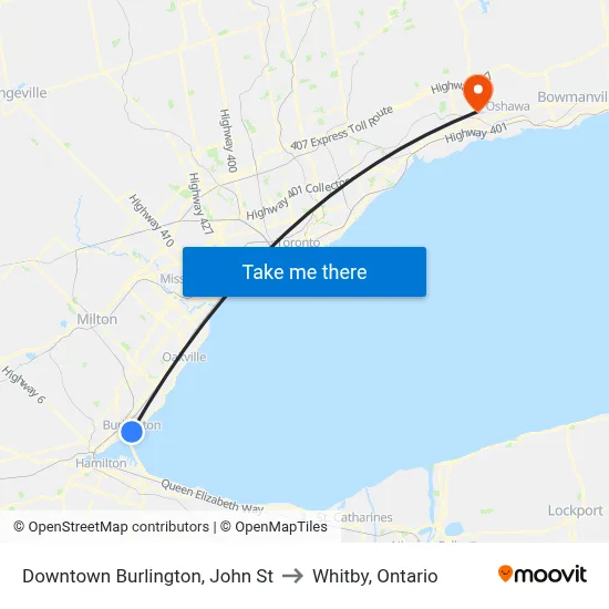 Downtown Burlington, John St to Whitby, Ontario map