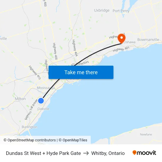 Dundas St West + Hyde Park Gate to Whitby, Ontario map
