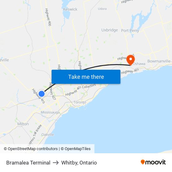 Bramalea Terminal to Whitby, Ontario map