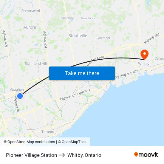 Pioneer Village Station to Whitby, Ontario map