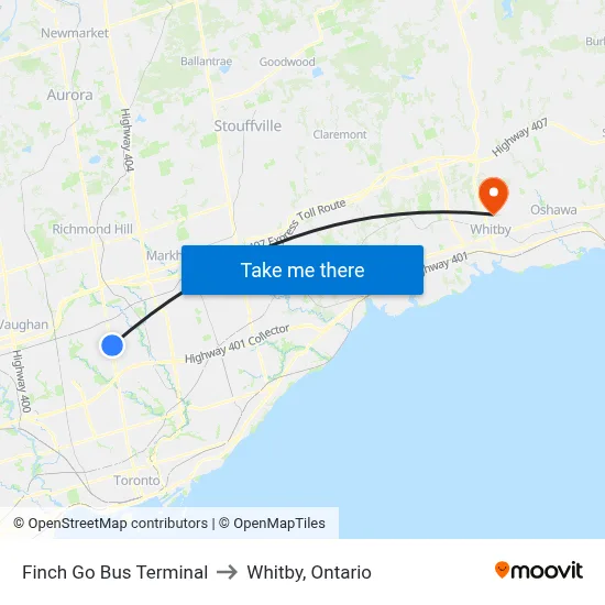 Finch Go Bus Terminal to Whitby, Ontario map