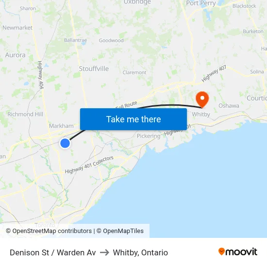 Denison St / Warden Av to Whitby, Ontario map