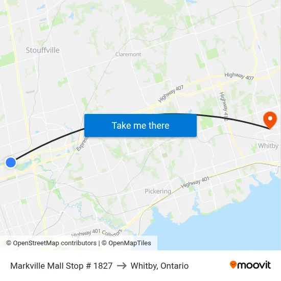 Markville Mall Stop # 1827 to Whitby, Ontario map