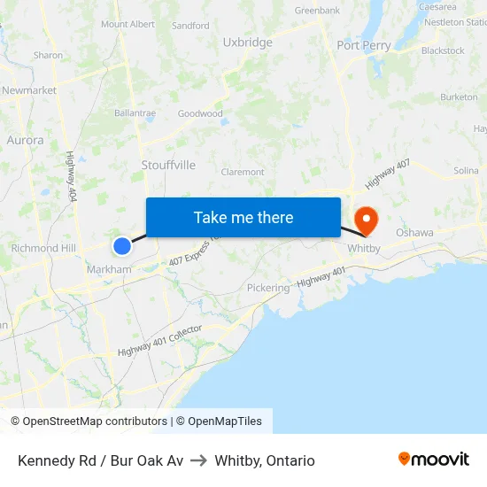Kennedy Rd / Bur Oak Av to Whitby, Ontario map