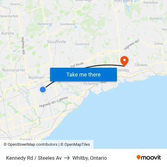 Kennedy Rd / Steeles Av to Whitby, Ontario map