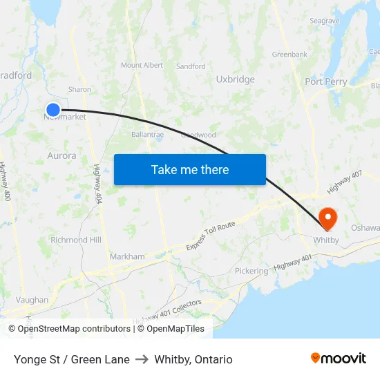 Yonge St / Green Lane to Whitby, Ontario map