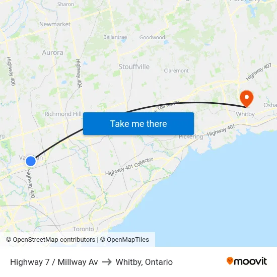 Highway 7 / Millway Av to Whitby, Ontario map