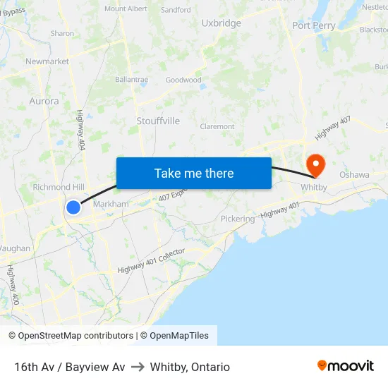 16th Av / Bayview Av to Whitby, Ontario map