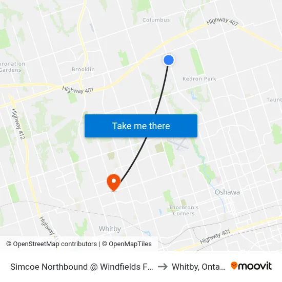 Simcoe Northbound @ Windfields Farm to Whitby, Ontario map