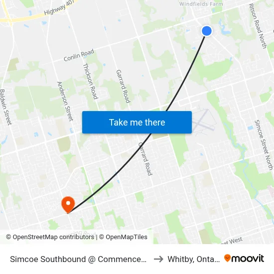 Simcoe Southbound @ Commencement to Whitby, Ontario map