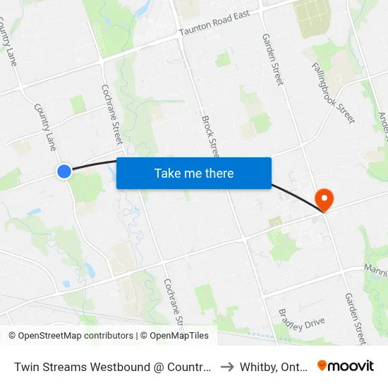 Twin Streams Westbound @ Country Lane to Whitby, Ontario map