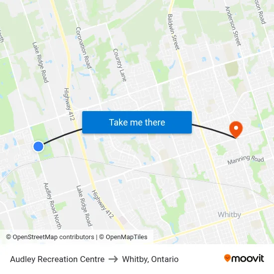Audley Recreation Centre to Whitby, Ontario map