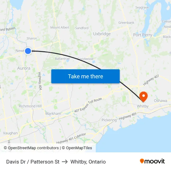 Davis Dr / Patterson St to Whitby, Ontario map