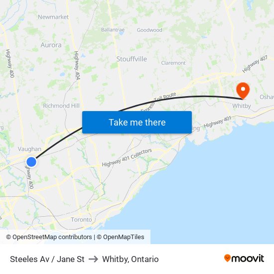 Steeles Av / Jane St to Whitby, Ontario map