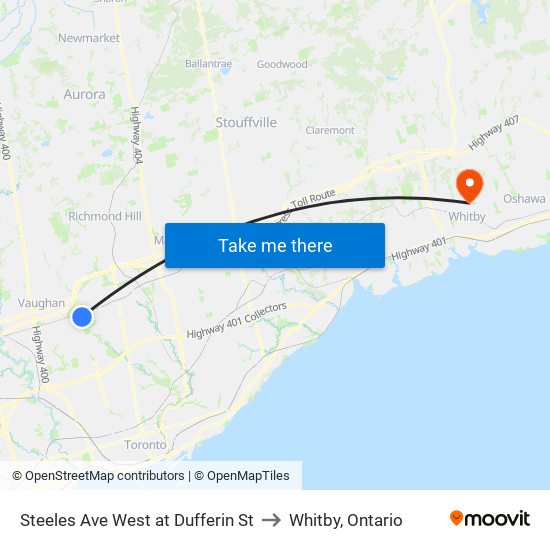 Steeles Ave West at Dufferin St to Whitby, Ontario map