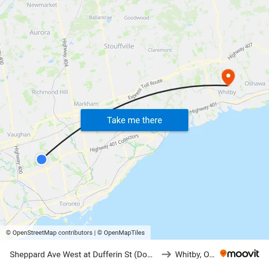 Sheppard Ave West at Dufferin St (Downsview Station) to Whitby, Ontario map
