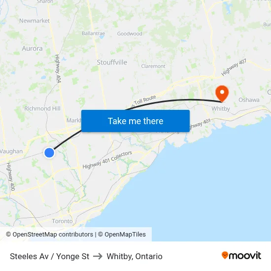 Steeles Av / Yonge St to Whitby, Ontario map