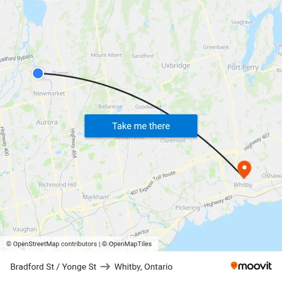 Bradford St / Yonge St to Whitby, Ontario map