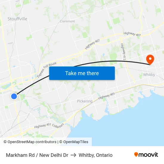 Markham Rd / New Delhi Dr to Whitby, Ontario map