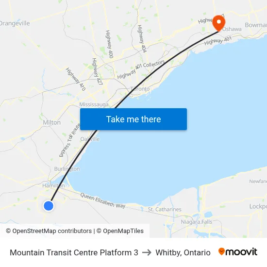 Mountain Transit Centre Platform 3 to Whitby, Ontario map