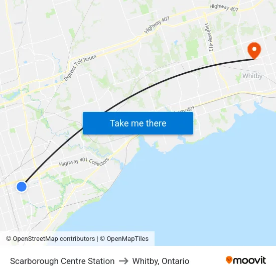 Scarborough Centre Station to Whitby, Ontario map