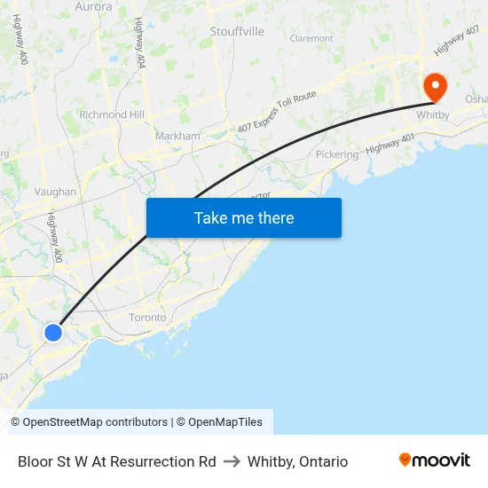 Bloor St W At Resurrection Rd to Whitby, Ontario map