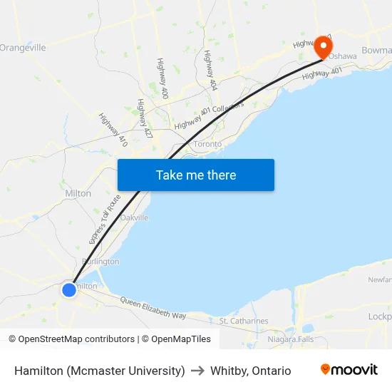 Hamilton (Mcmaster University) to Whitby, Ontario map