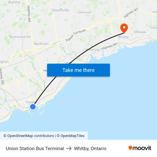 Union Station Bus Terminal to Whitby, Ontario map