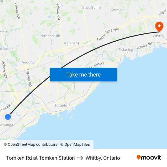 Tomken Rd at Tomken Station to Whitby, Ontario map